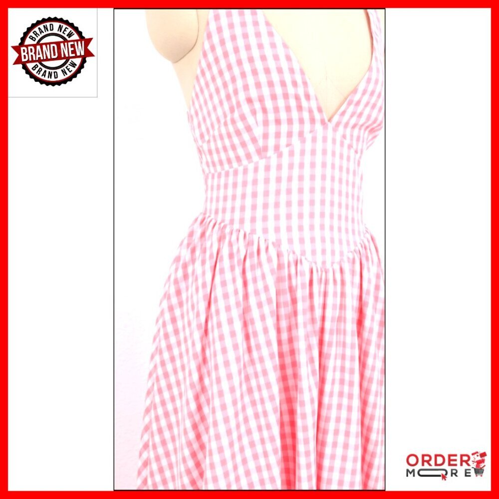Summer Midi Dress Smocked Gingham Halter V Neck Elegant Flowy A Line Beach - Picture 7 of 7